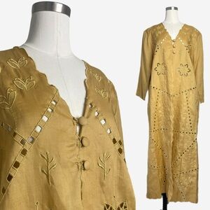 La Rea Collection Mustard yellow linen embroidered kaftan floral boho western L